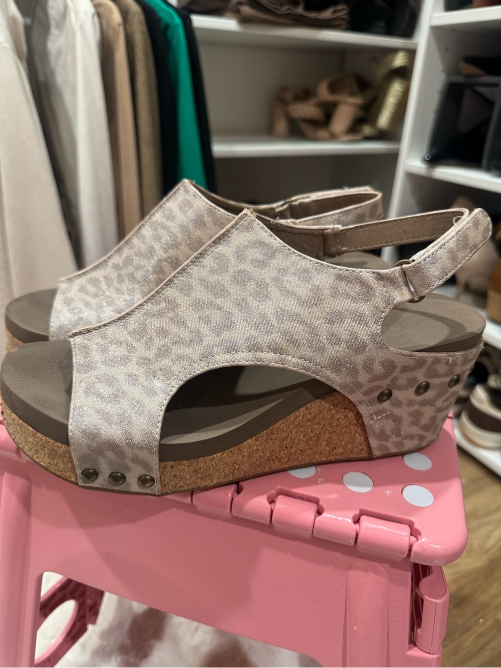 Corky’s Women's Beige Leopard Print Cork Wedge Sandals